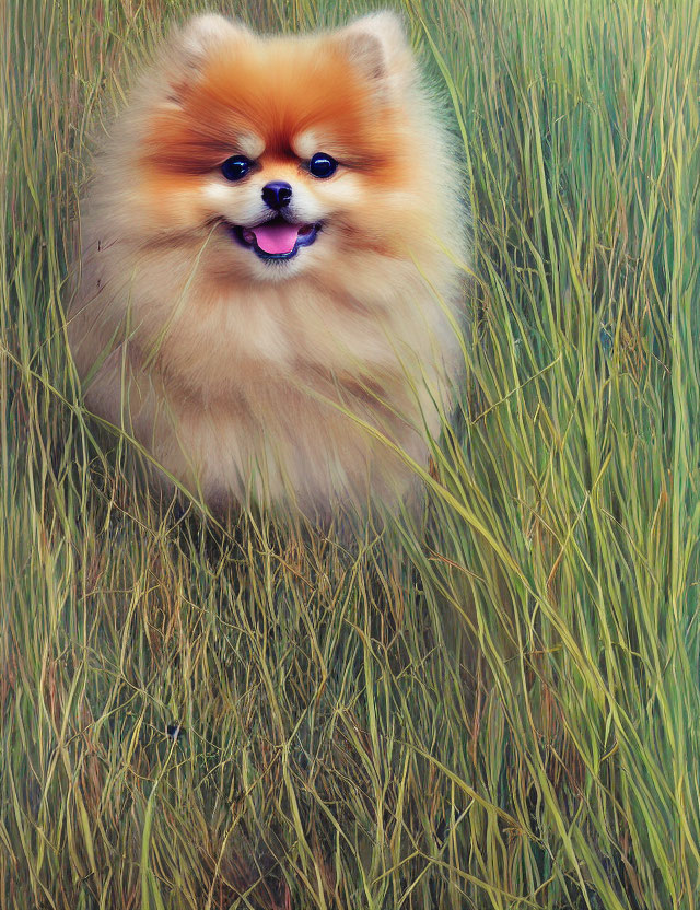 Fluffy Pomeranian Dog Smiling in Green Grass