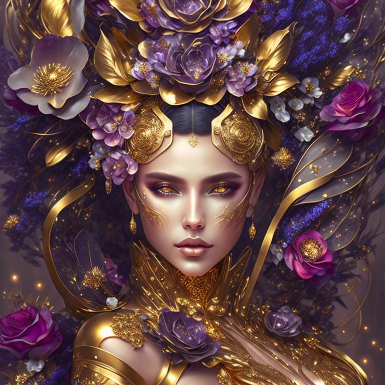 Digital artwork: Woman in golden jewelry and floral headdress, purple and gold tones.