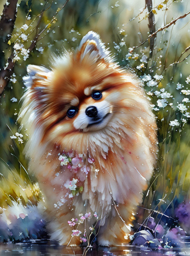 Fluffy Pomeranian Dog Surrounded by Flowers and Greenery