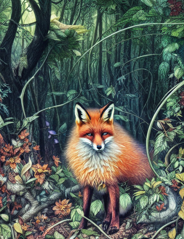 Detailed Illustration of Red Fox in Lush Forest