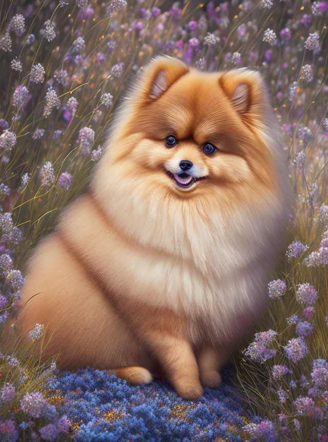 Fluffy Pomeranian Dog Surrounded by Purple and Blue Flowers