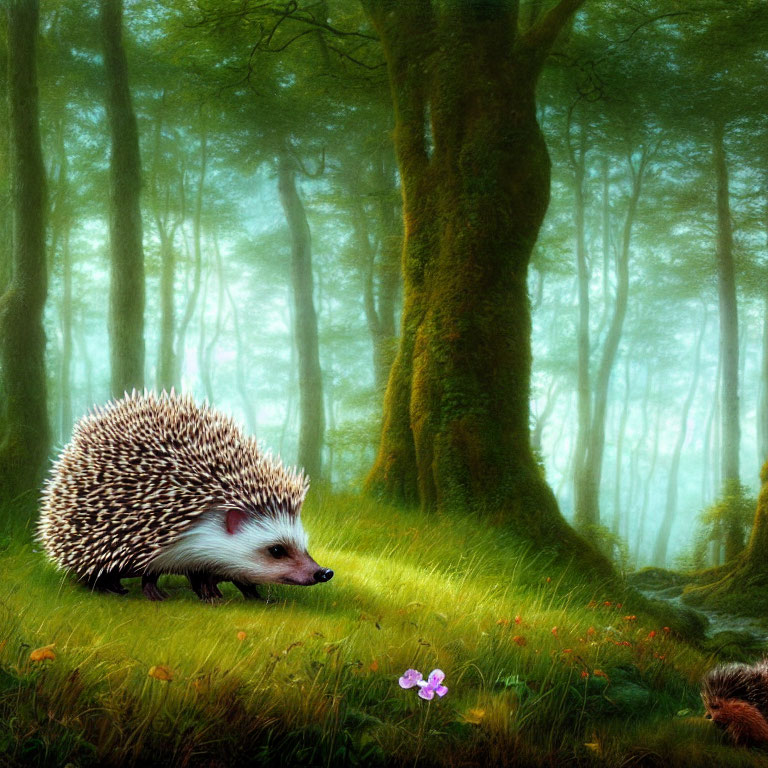 Hedgehog in misty enchanted forest with green trees and flowers