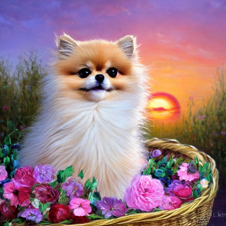 Pomeranian Dog in Wicker Basket with Colorful Flowers at Sunset