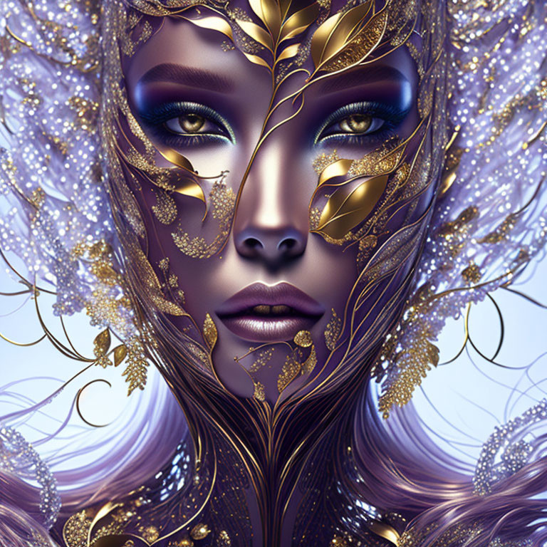 Digital Artwork: Woman with Purple Hair and Golden Headpiece