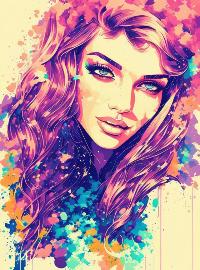 Colorful Digital Portrait of Woman with Flowing Hair and Striking Features