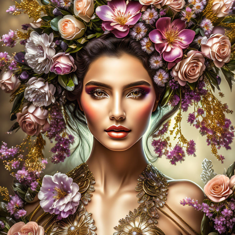 Elaborate floral headdress portrait of a woman with vivid makeup