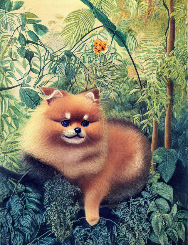 Fluffy Pomeranian Dog Surrounded by Green Foliage and Orange Flower