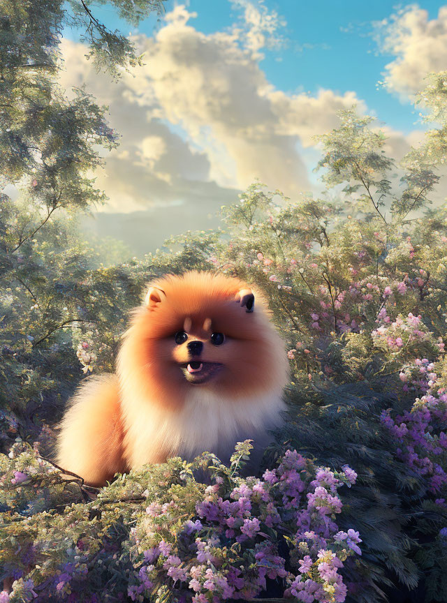 Fluffy Pomeranian Dog in Blooming Purple Flowers