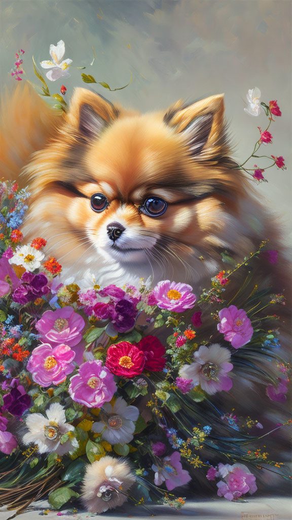 Fluffy Pomeranian Dog Surrounded by Pink, Purple, and White Flowers