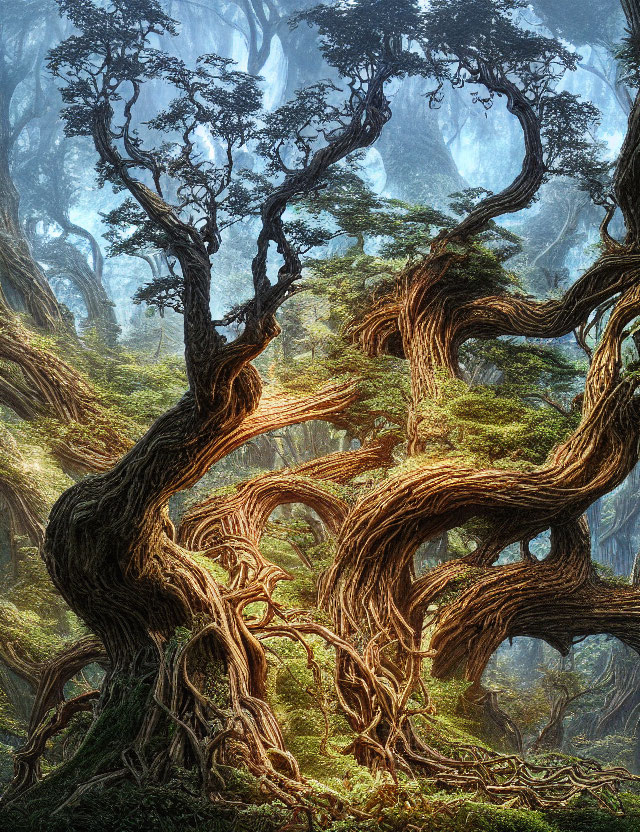 Ancient forest with twisted trees and mystical fog