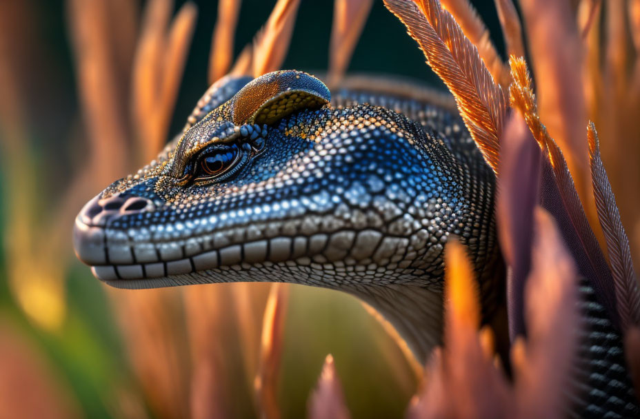 Vibrant blue lizard among warm leaves in soft sunlight