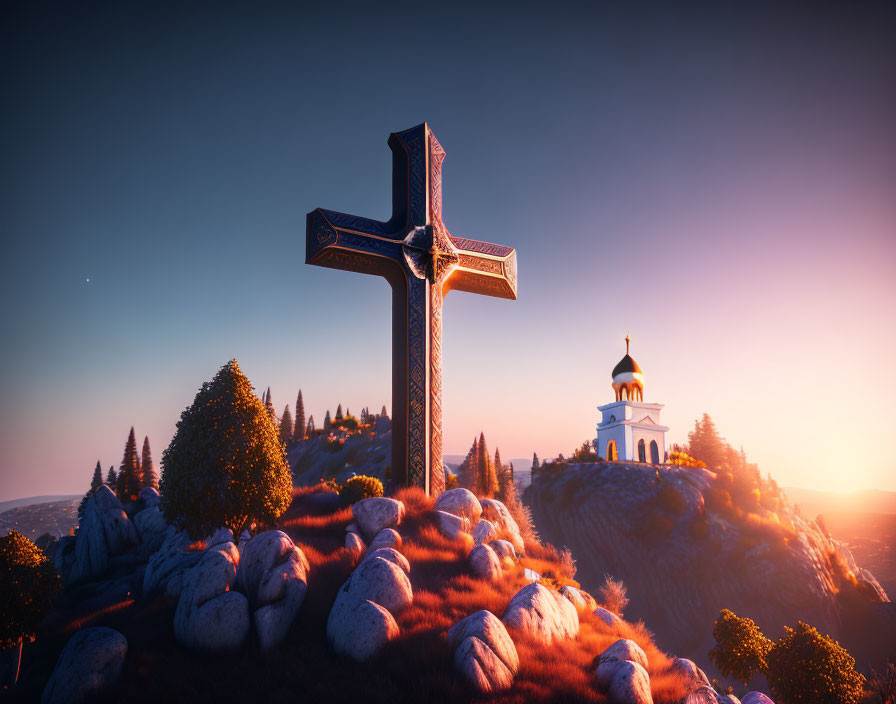 Chapel with large cross on grassy hill at sunset