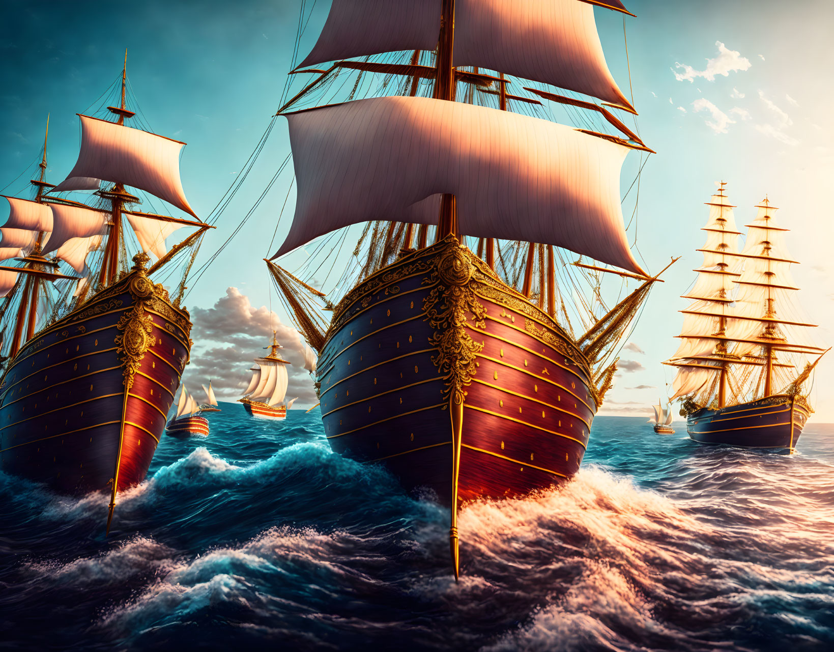 Three majestic sailing ships with full white sails on turbulent sea under dramatic sunset sky