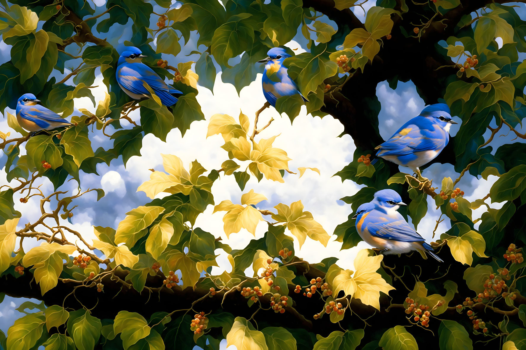 Vibrant bluebirds on branches with green leaves and red berries against blue sky