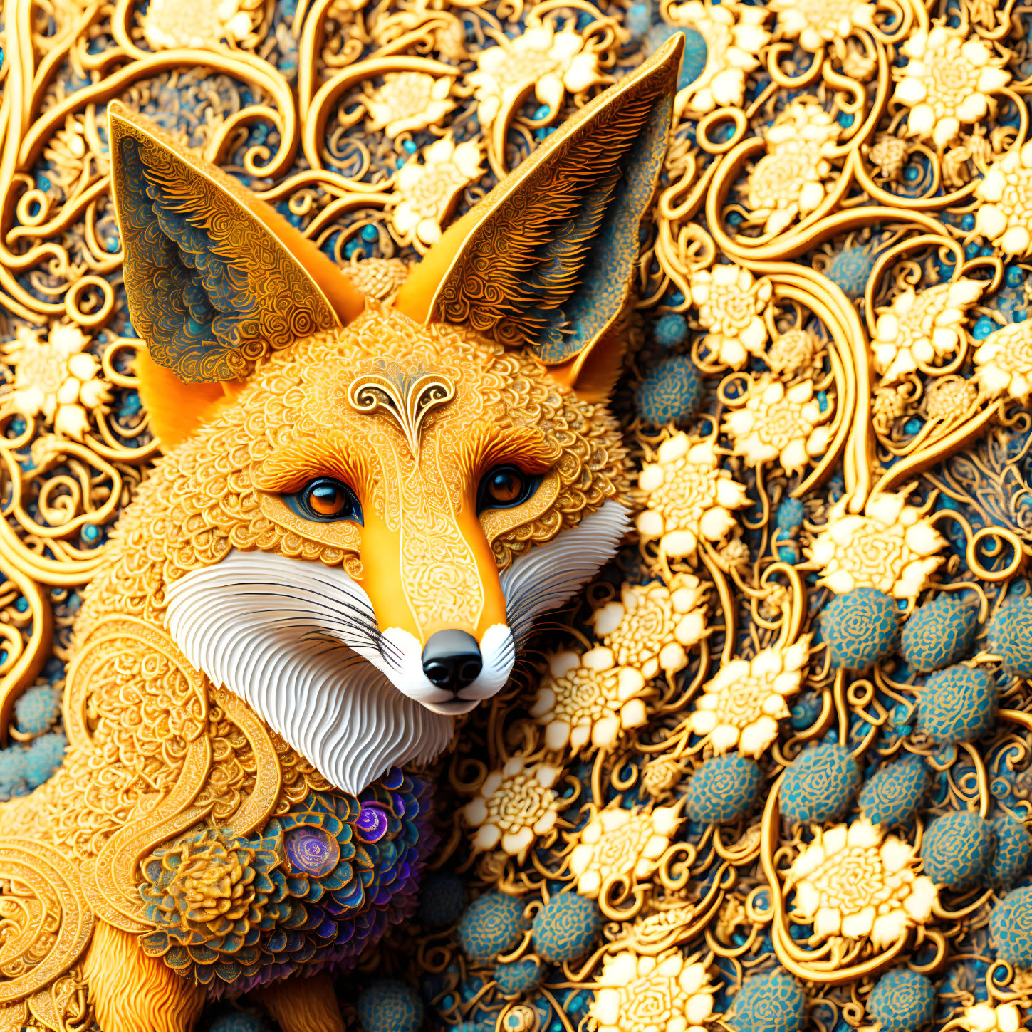 Golden 3D stylized fox with intricate patterns on ornate background