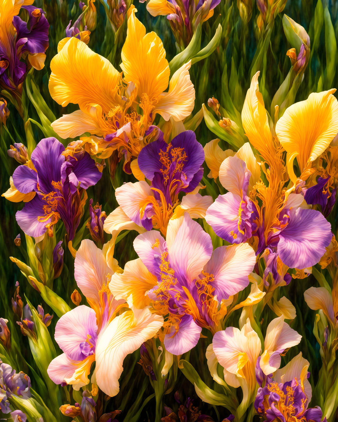 Colorful golden yellow and purple flowers in green foliage display.