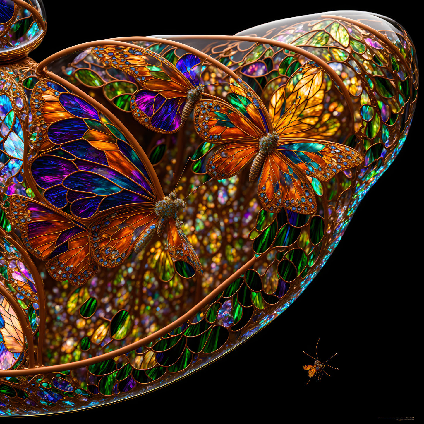 Colorful digital art: iridescent butterflies on swirling structure