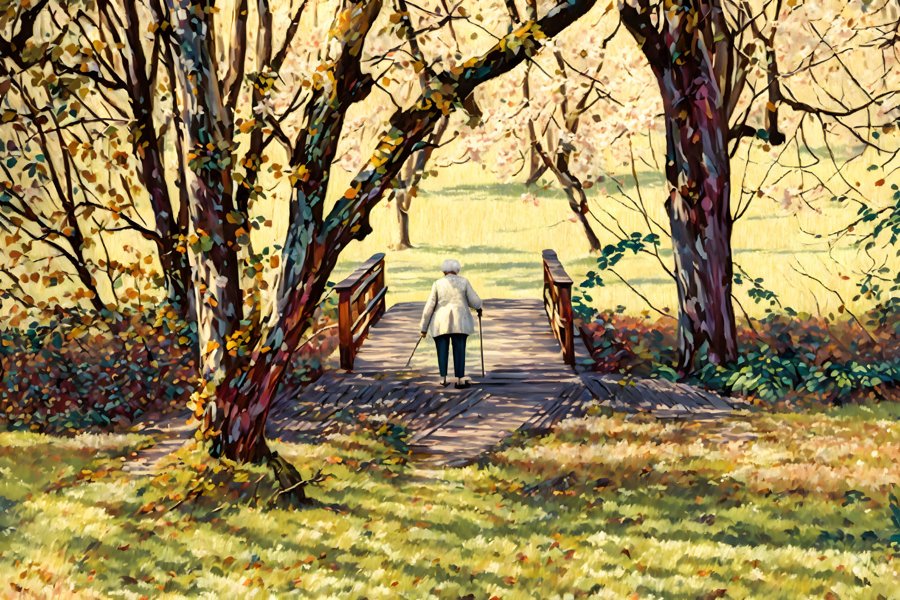 Elderly Person Walking in Tranquil Autumn Park