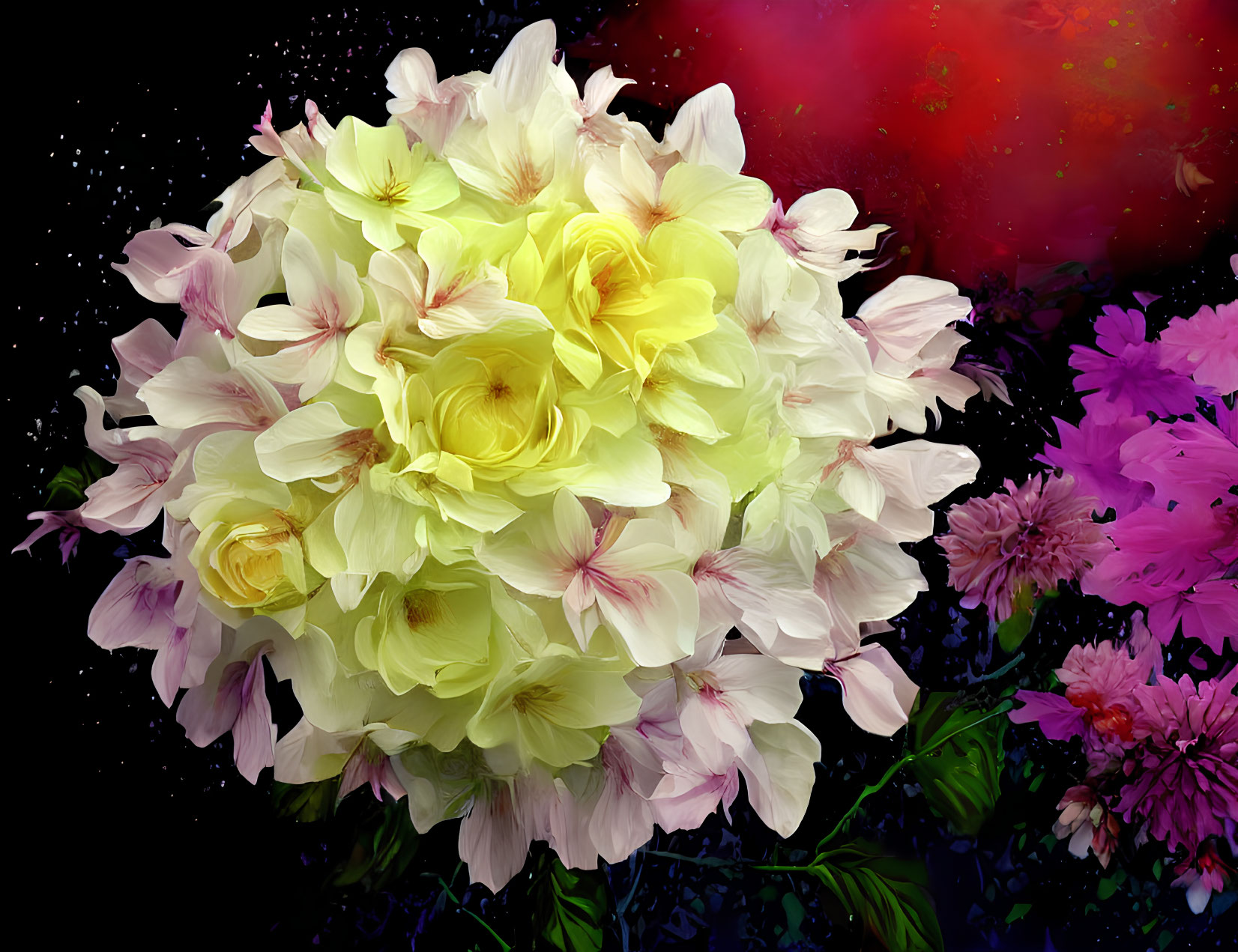 Colorful bouquet of yellow and pale pink flowers on cosmic background