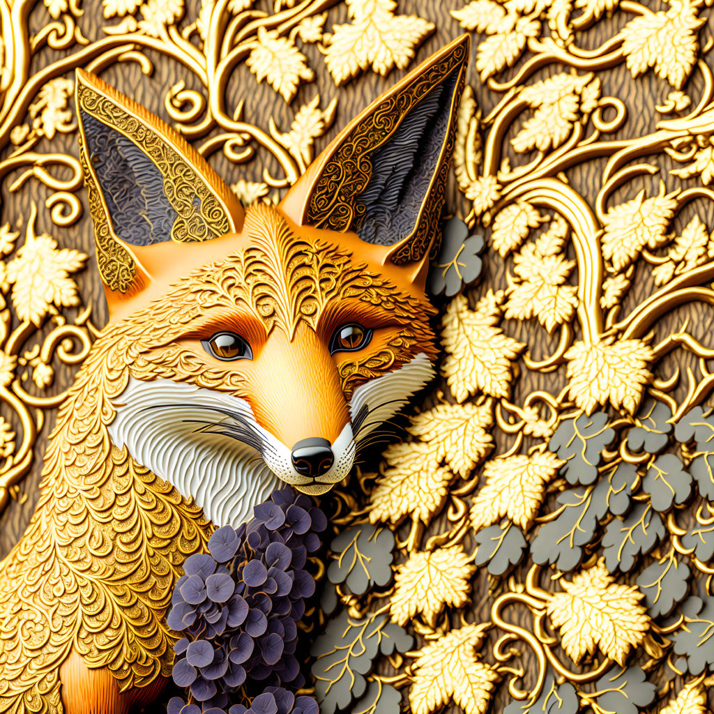 Stylized golden fox with intricate patterns on ornate leaf background