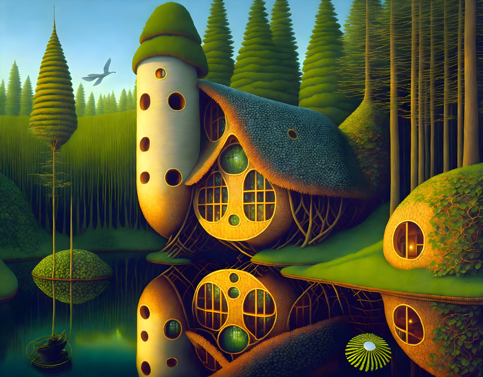 Whimsical Mushroom Houses in Tranquil Landscape