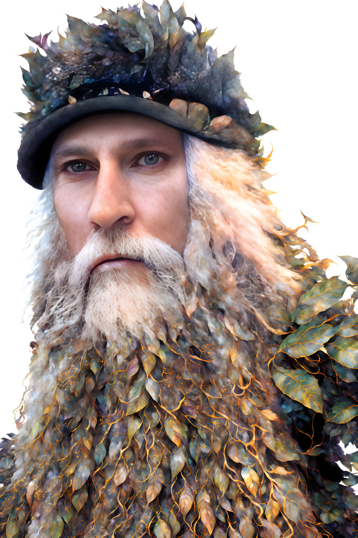 Bearded person in forest-themed attire with leaf textures and cap