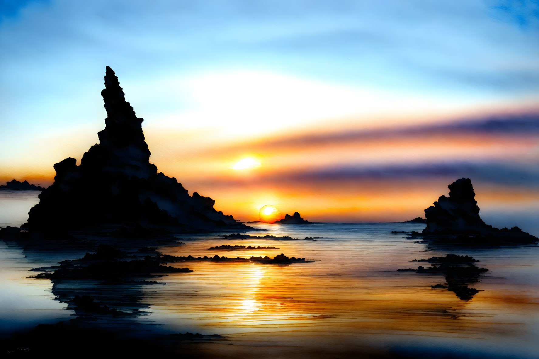 Tranquil sunset over calm waters with rocky silhouettes and gradient sky