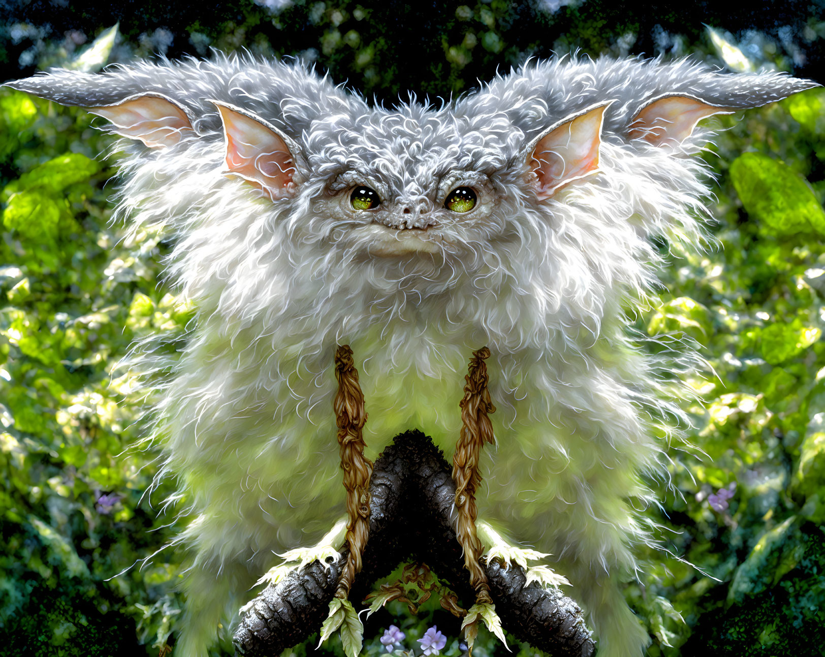 Curly white fur creature with pointed ears and staff in leafy setting