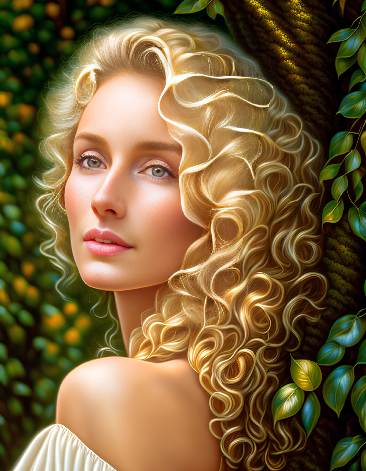 Blonde Curly-Haired Woman with Blue Eyes and Green Leaves Background