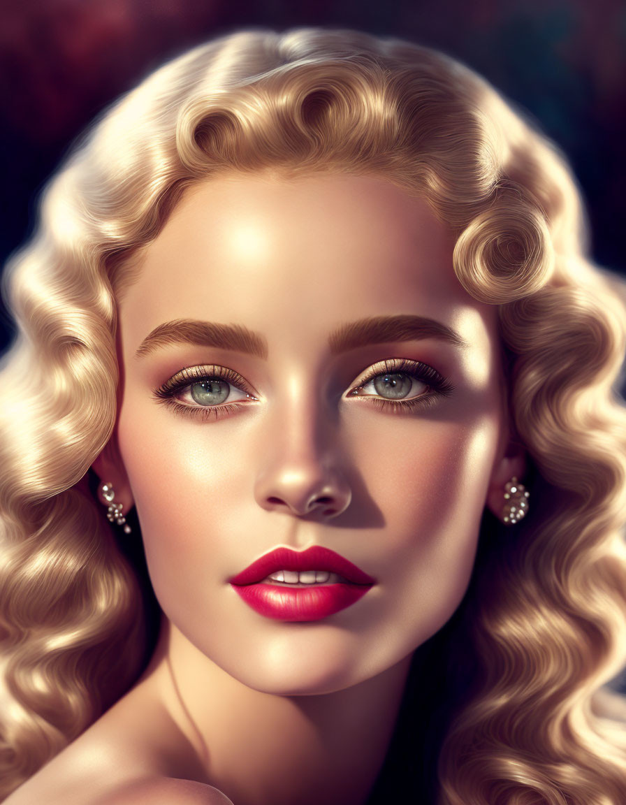 Blonde Woman Portrait with Green Eyes and Red Lipstick