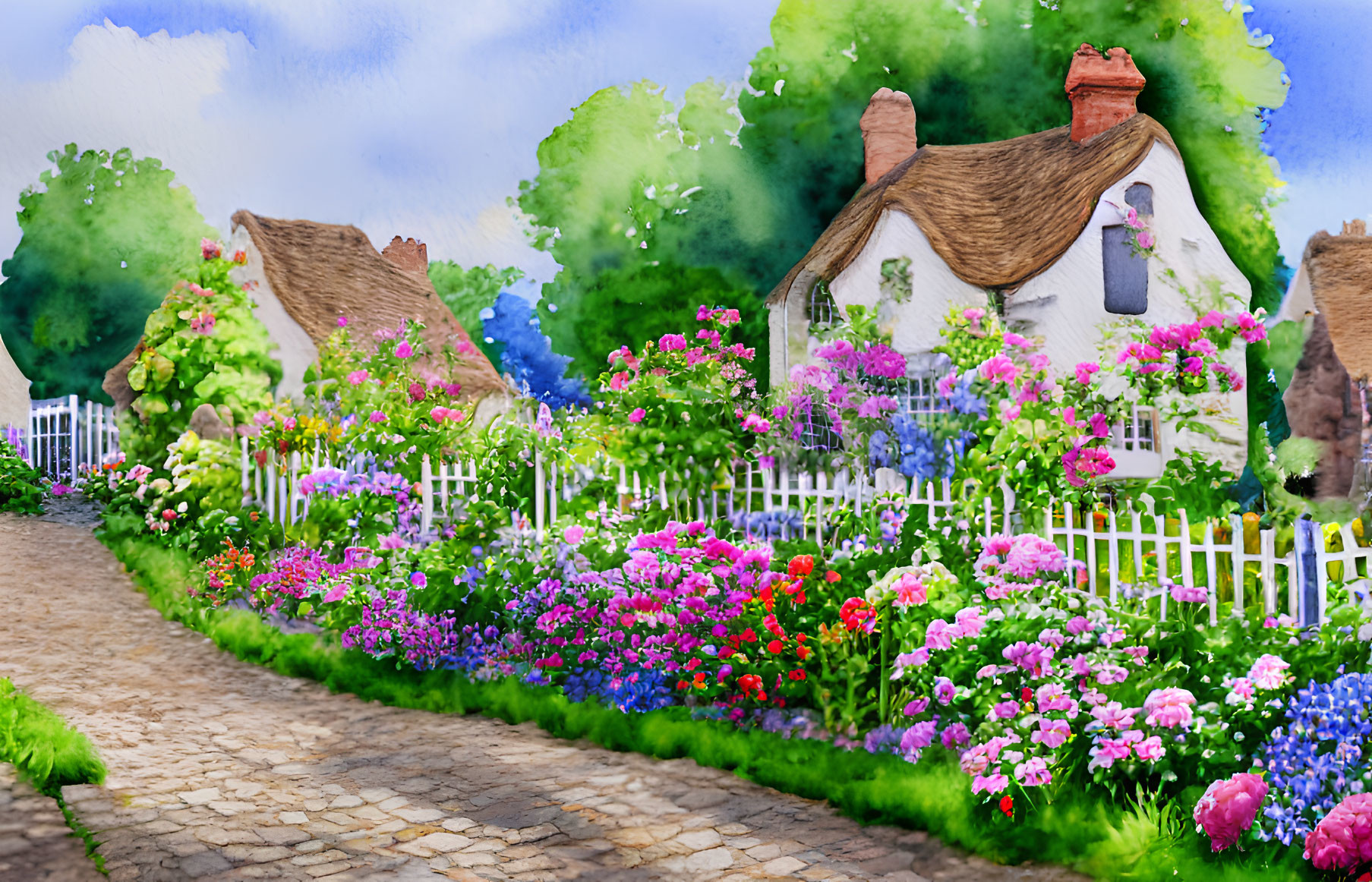 Thatched Roof Cottage Surrounded by Colorful Garden