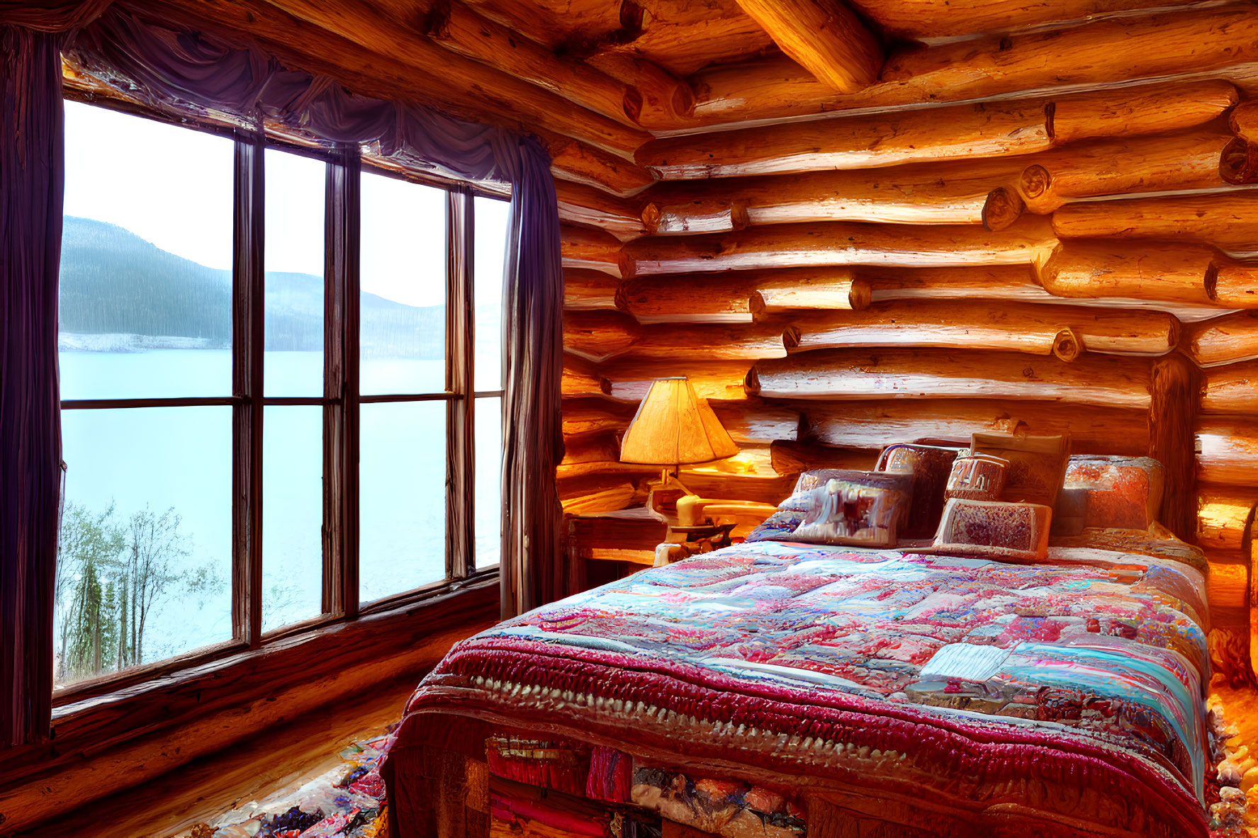 Serene Lake View Log Cabin Bedroom with Colorful Quilt Bed