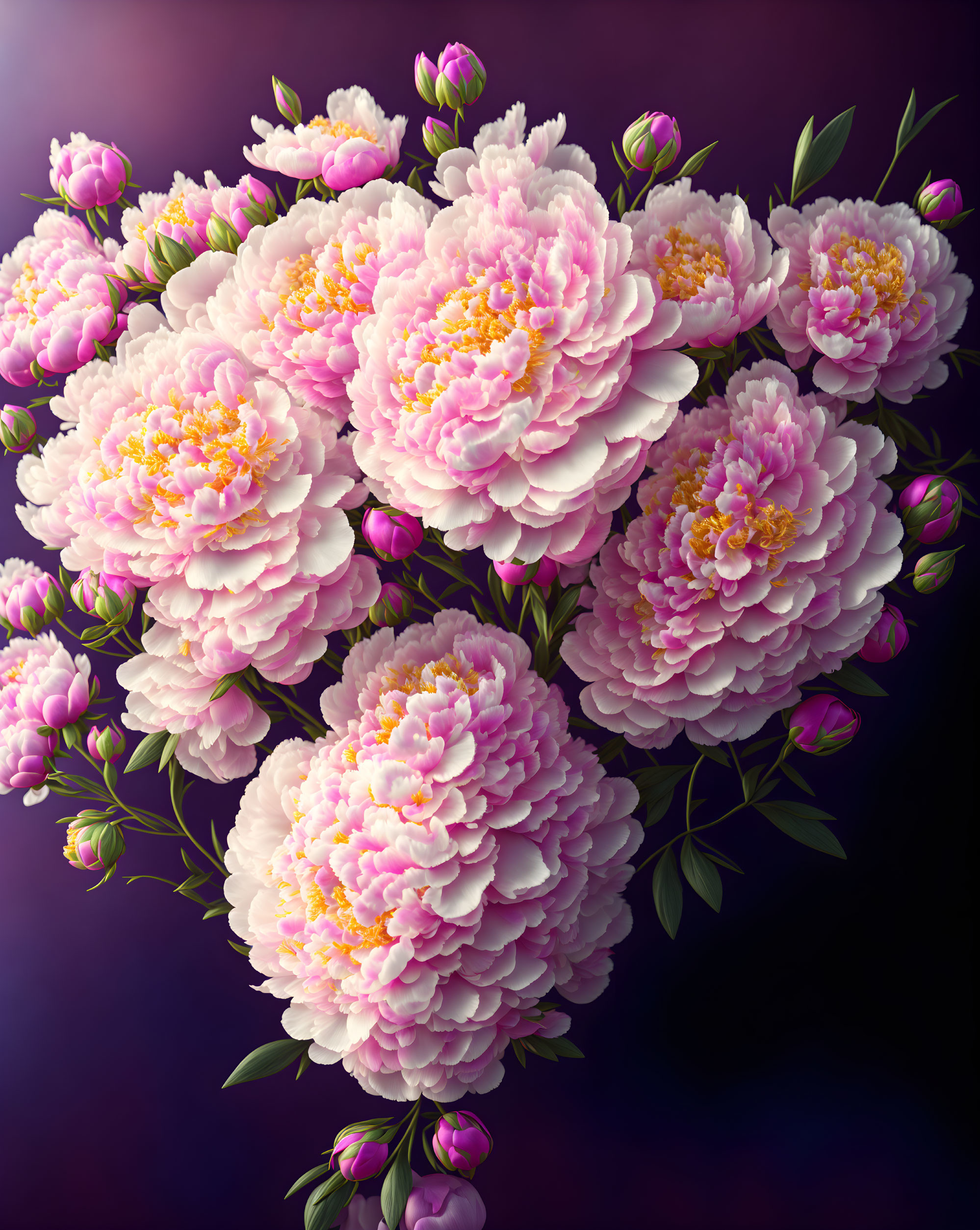 Pink peonies bouquet on gradient purple background