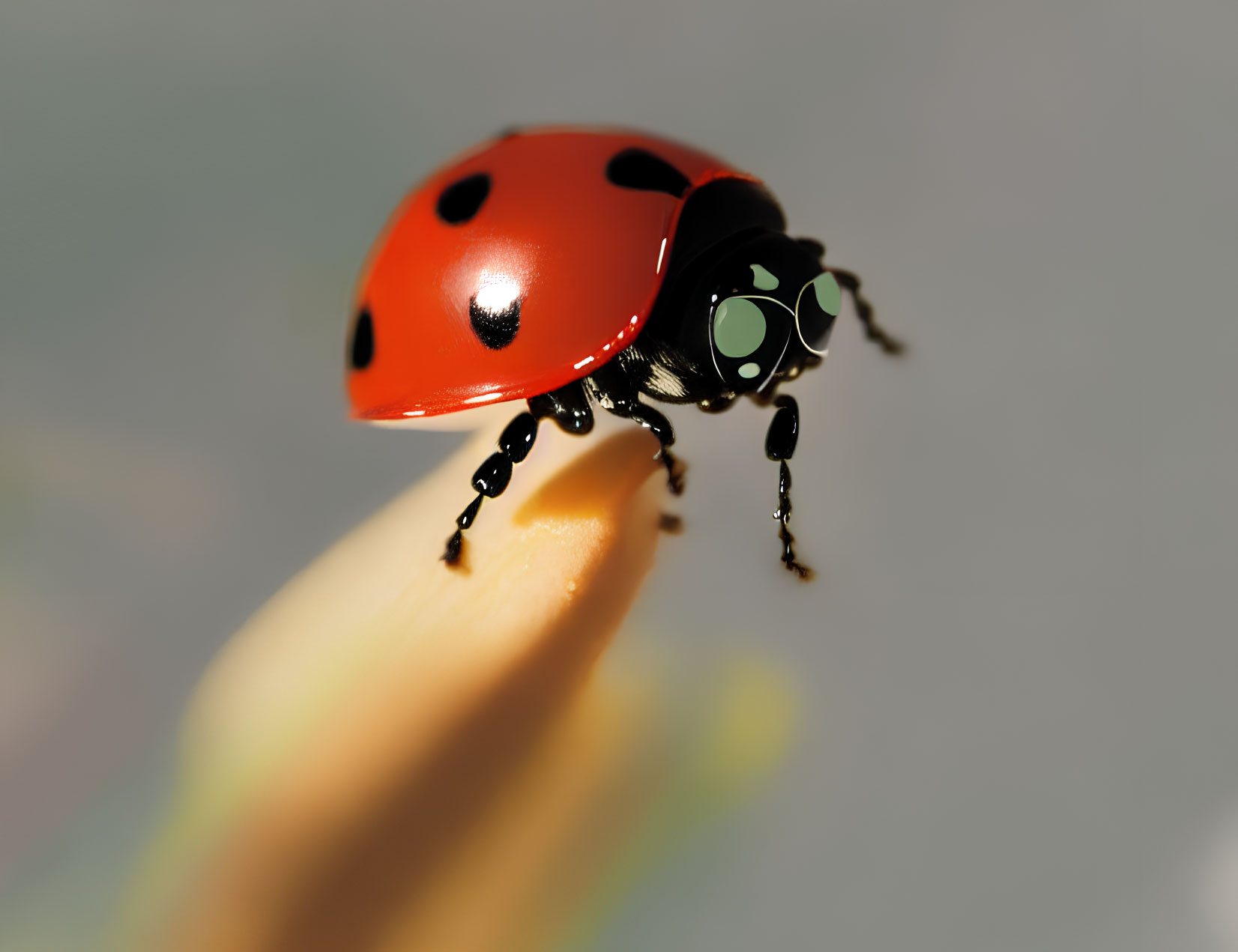 Red ladybug with black spots perched on plant edge