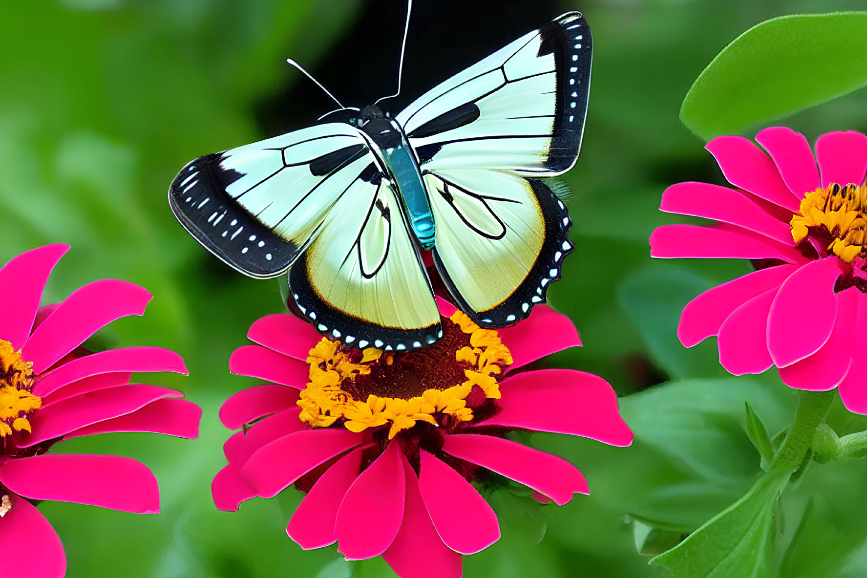 Colorful Butterfly on Pink Flower with Black and White Wings