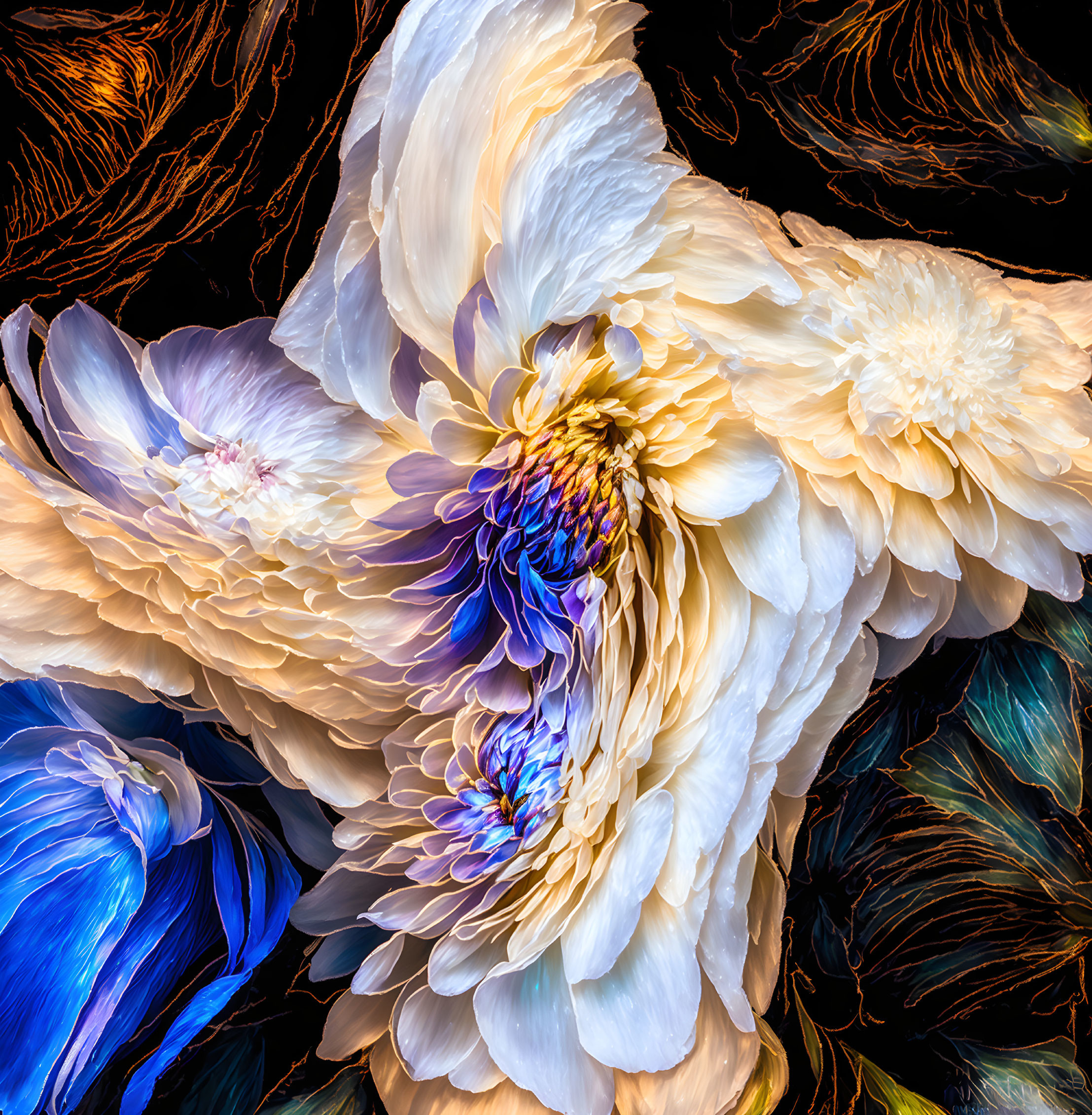 Detailed Close-Up of White and Blue Peonies on Dark Background