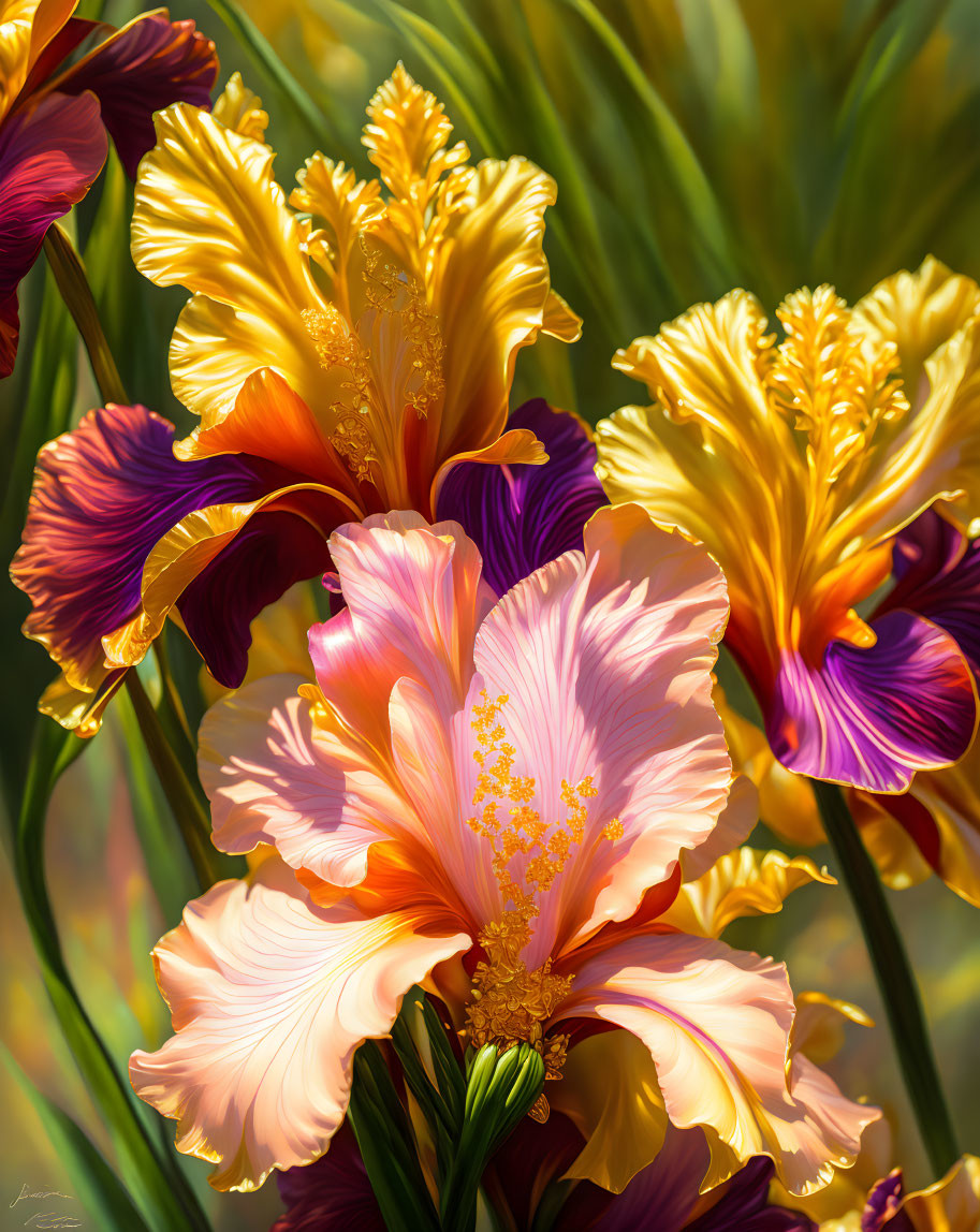 Colorful Iris Flowers in Yellow, Orange, and Purple Gradient on Green Background