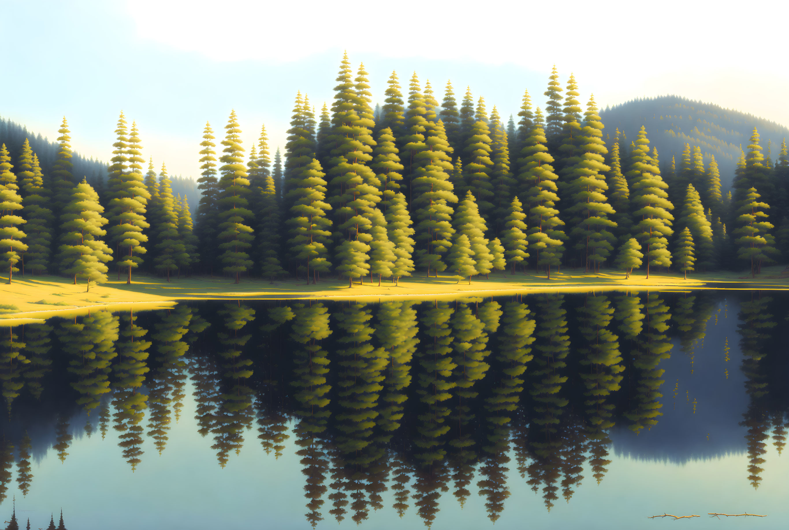 Tranquil lake mirroring dense coniferous forest and golden sky