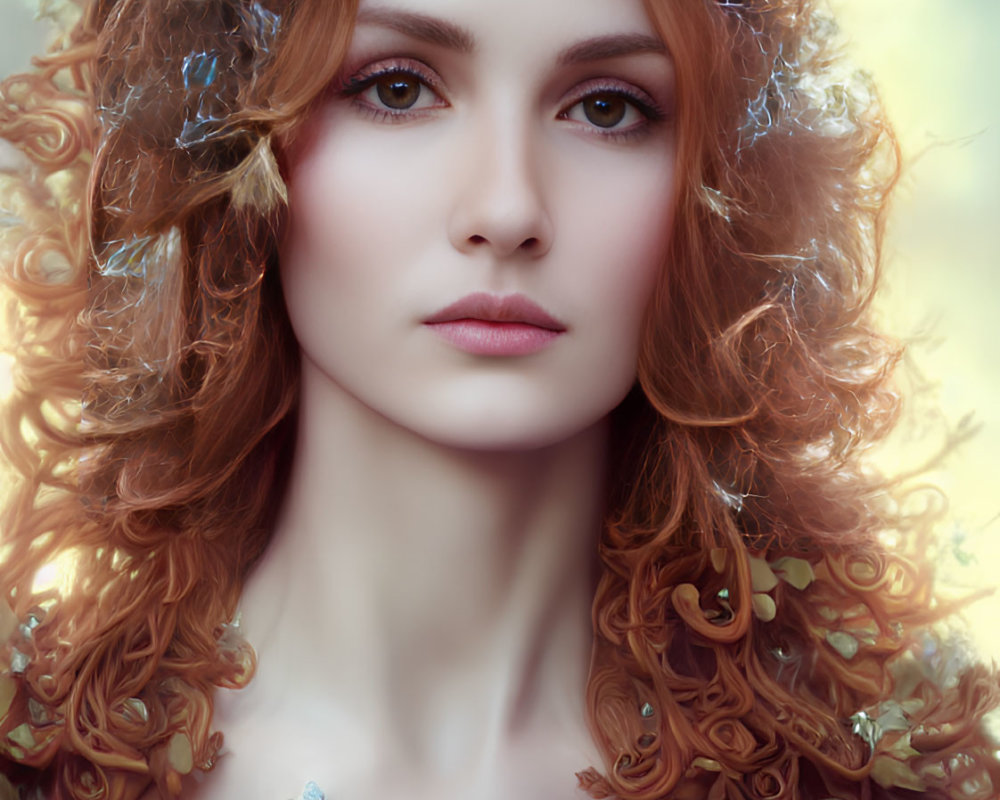 Curly Red-Haired Woman with Floral Adornments in Ethereal Setting