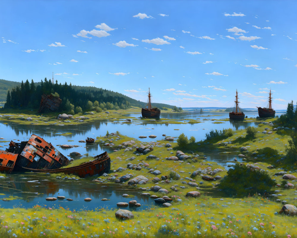 Grassy riverside with vintage ships and capsized boat under clear sky