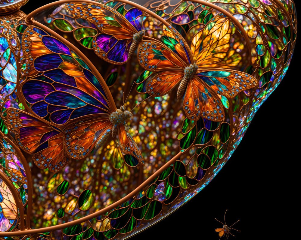 Colorful digital art: iridescent butterflies on swirling structure