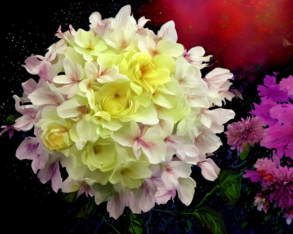 Colorful bouquet of yellow and pale pink flowers on cosmic background