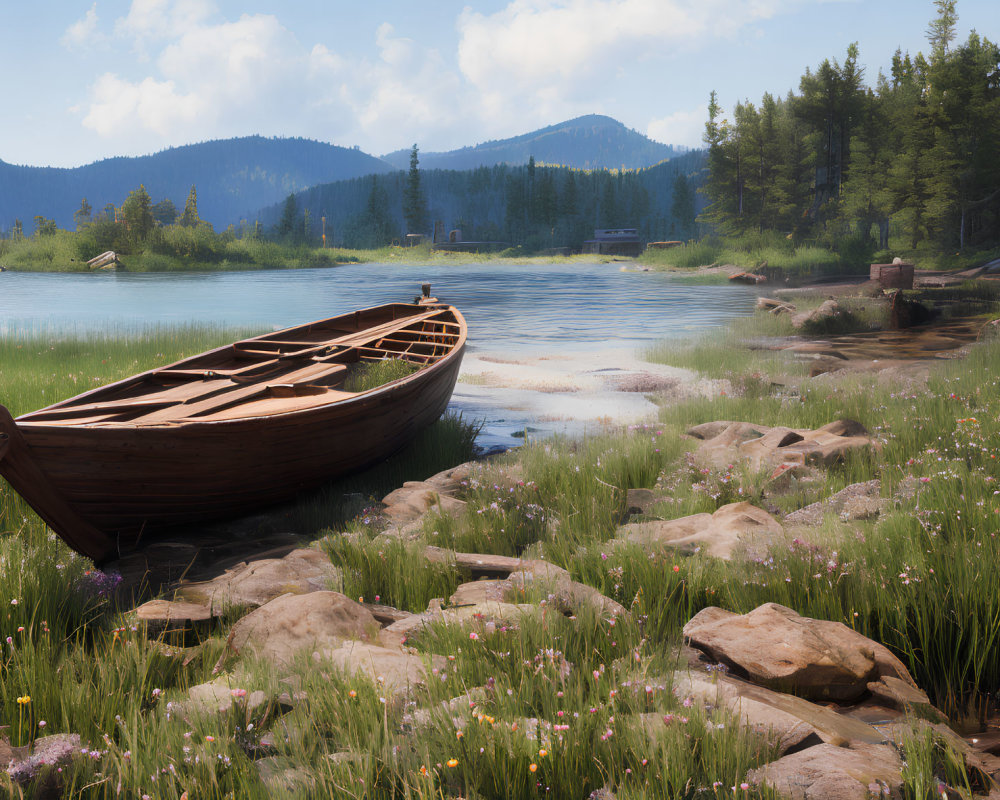 Tranquil lake scene with boat, wildflowers, and mountains