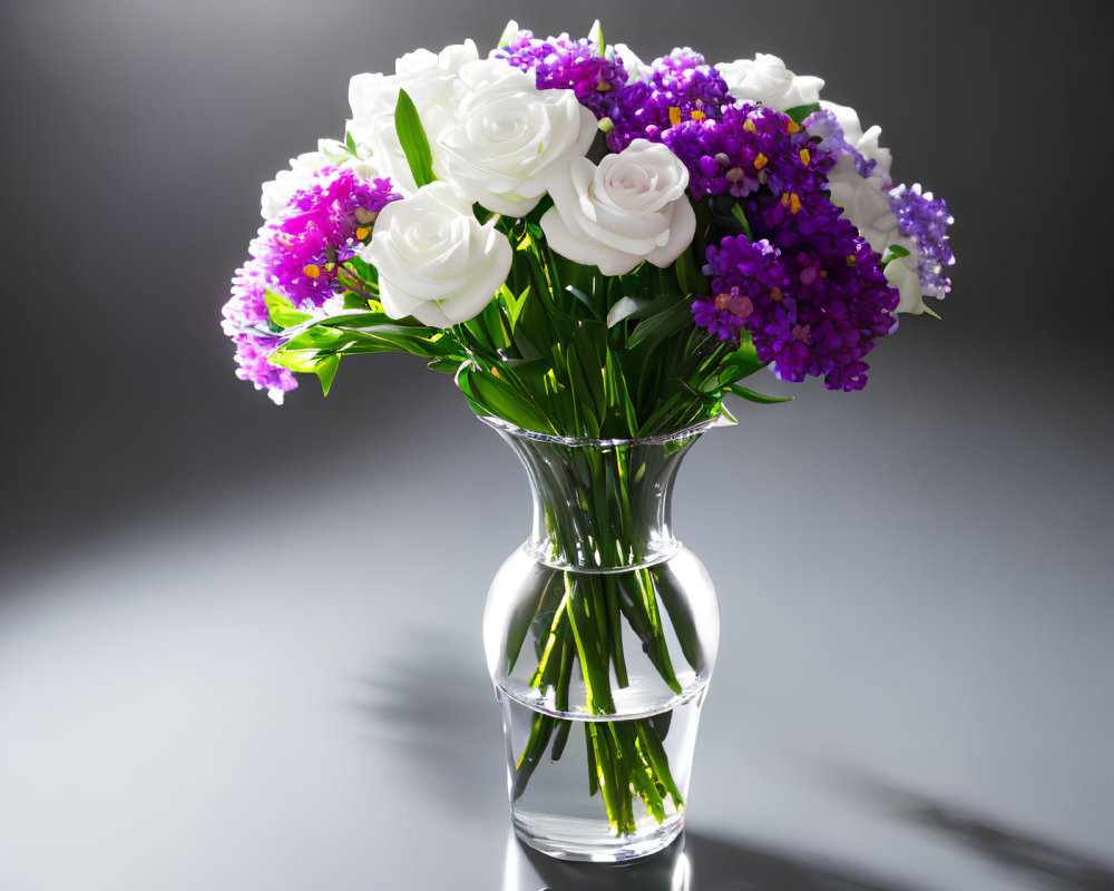 White Roses and Purple Flowers in Clear Glass Vase on Gray Background