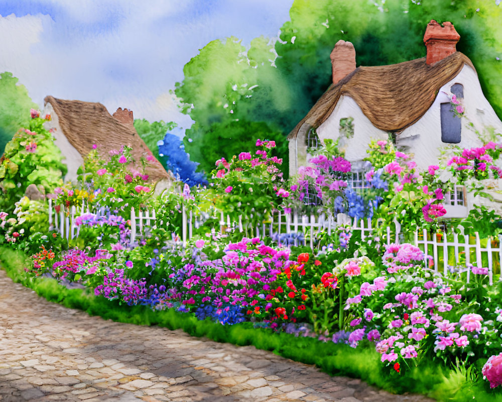 Thatched Roof Cottage Surrounded by Colorful Garden