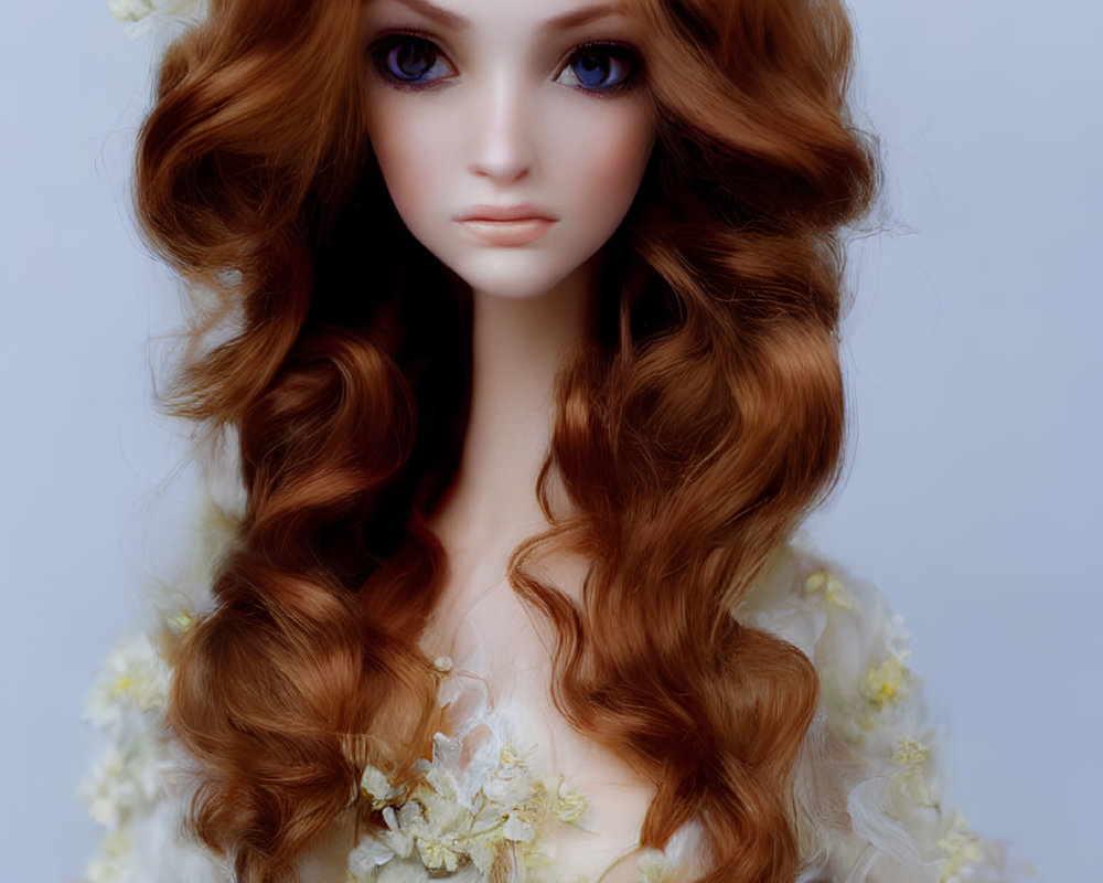 Realistic doll with auburn hair, floral crown, and white dress