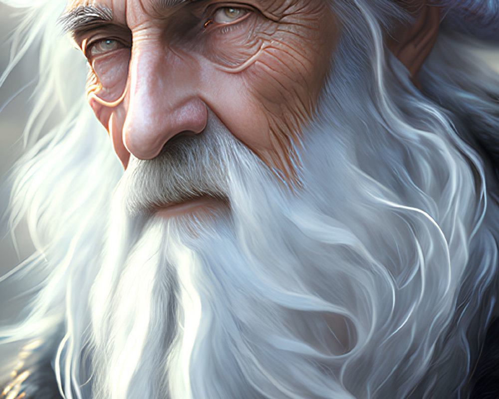 Detailed Digital Portrait of Elderly Wizard with White Beard and Blue Hat