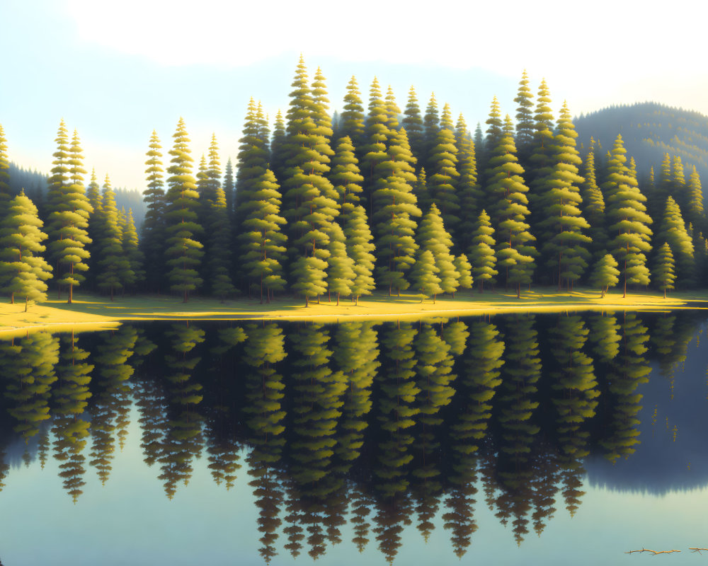 Tranquil lake mirroring dense coniferous forest and golden sky