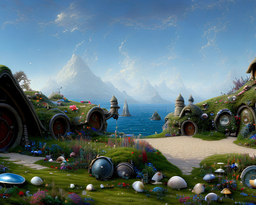 Serene fantasy landscape with hobbit-like houses, gardens, lake, and mountains