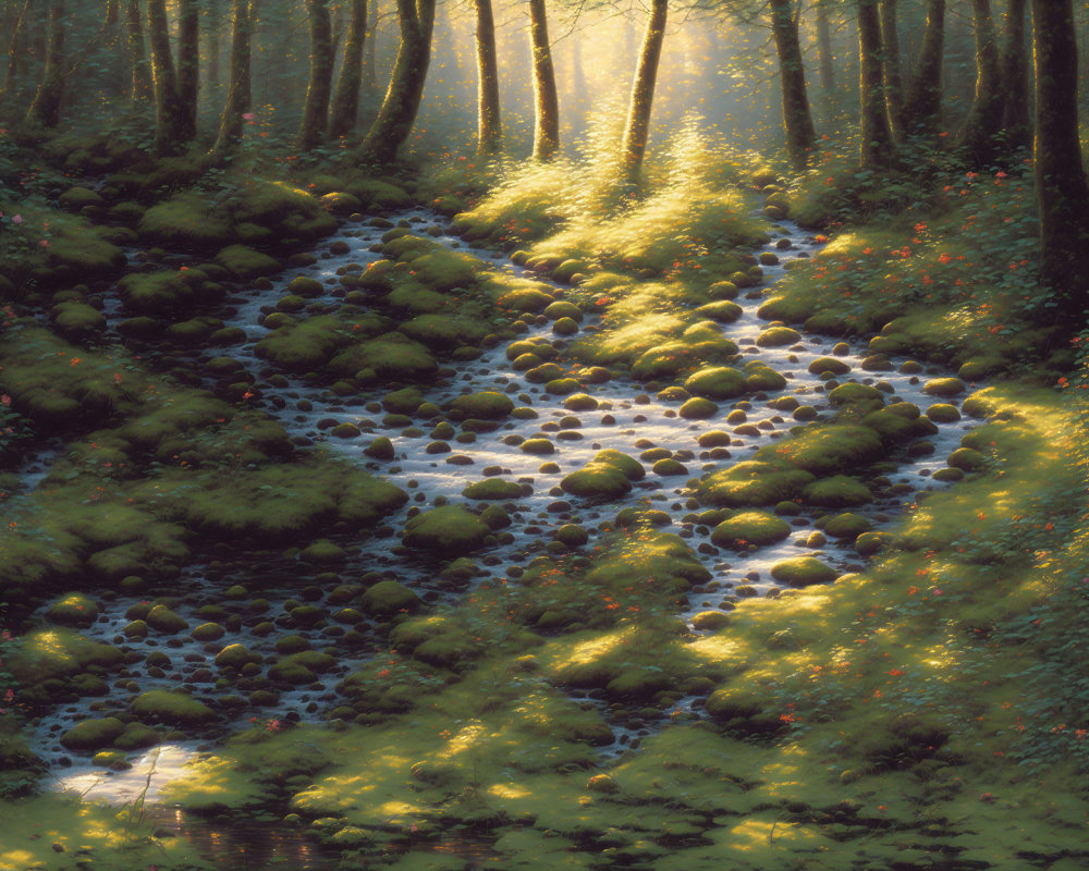 Sunbeams in mystical forest with rocky creek bed and vibrant greenery